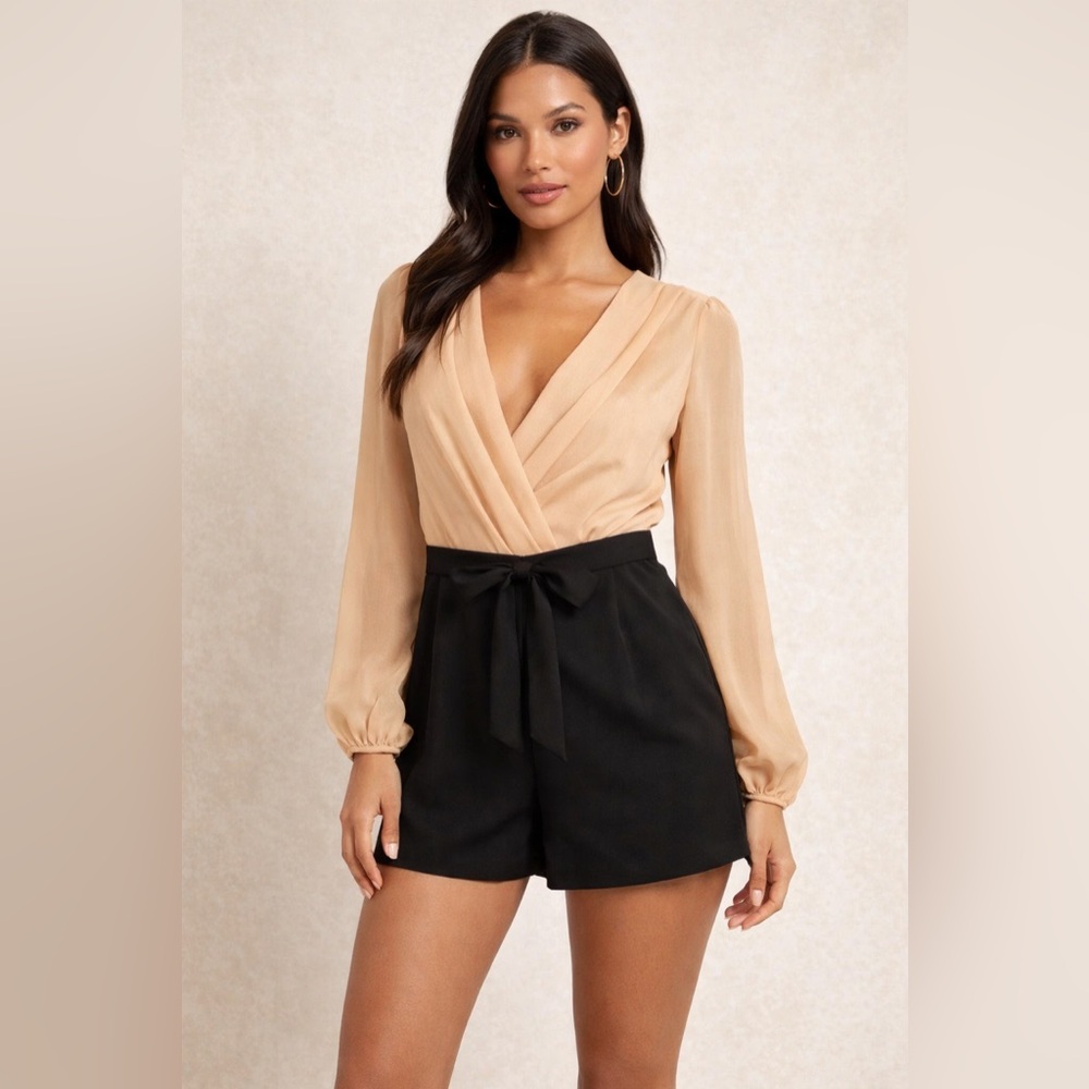 XOXO Two-Tone Wrap Romper Satin Blouse Top Black Shorts Long Sleeve Size 9/10